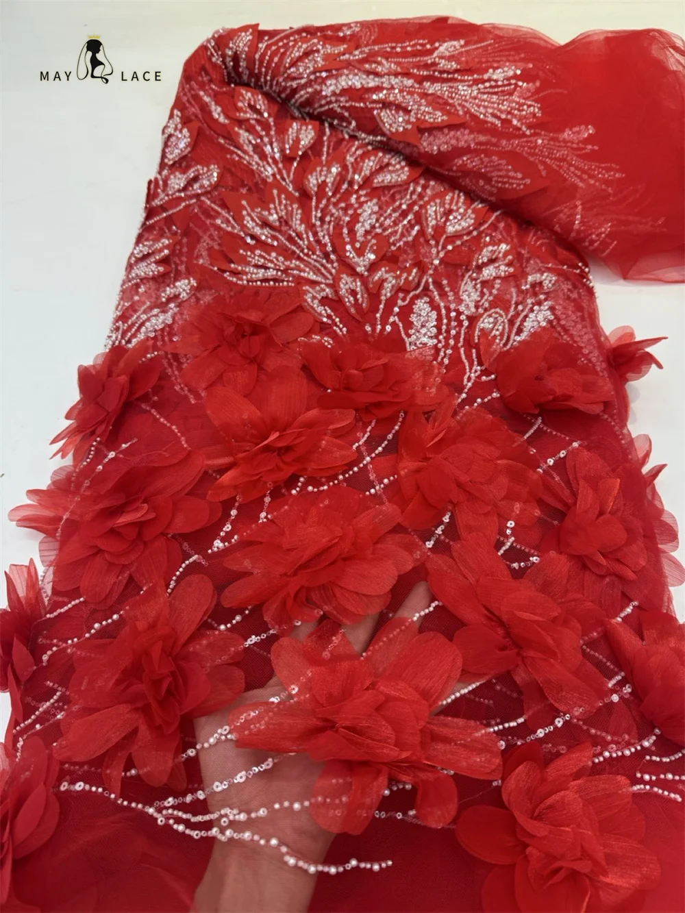 

Red Flower Lace Fabric Embroidery Tulle Beads Lace Fabric African 2026 High Quality Nigeria Lace French Sequin Fabric For Party