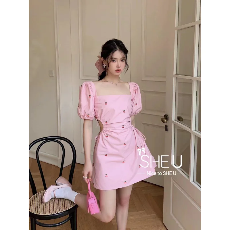 

Shpmishal Korean Fashion French Floral A-line Dress for Women's Summer New Pink Princess Style Short Dress Female Clothing