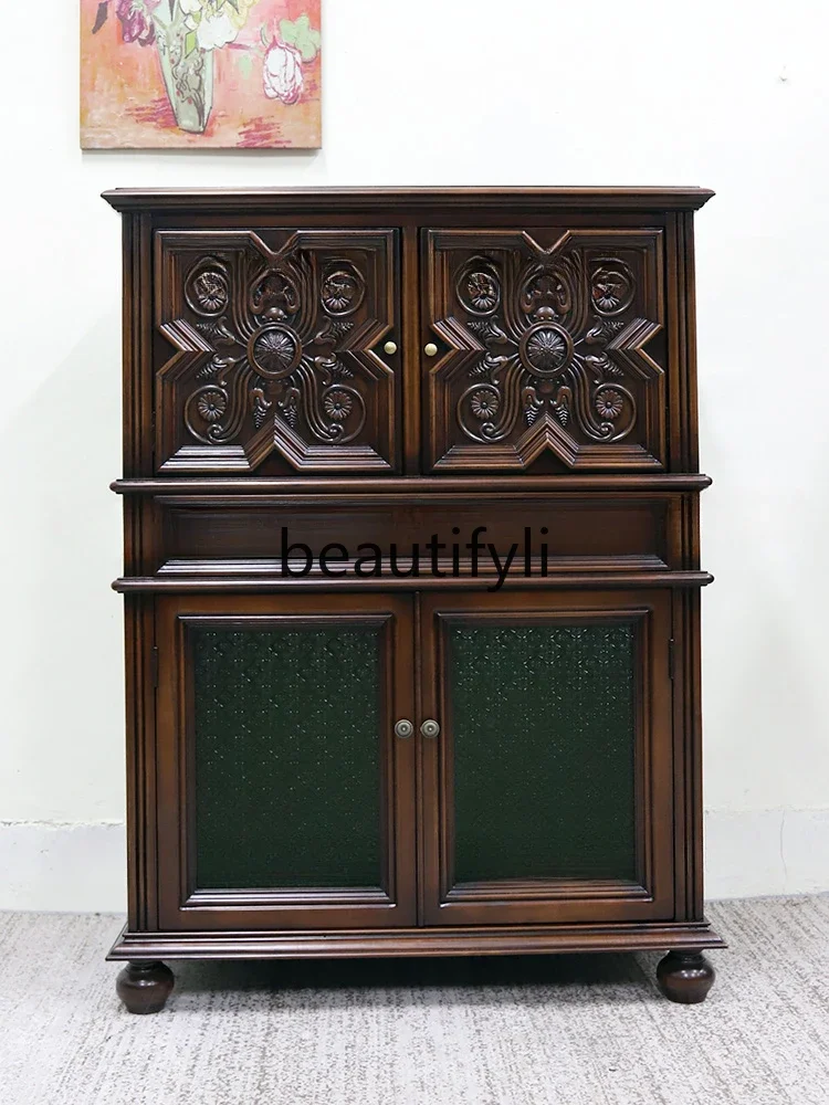 

French retro solid wood tenon and mortise household dining side storage wine cabinet European wall engraved cabinet