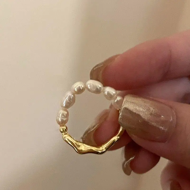 Anillo coreano Retro de cuerda elástica con cuentas de perlas para mujer, cadena de Metal para fiesta a la moda, anillo de dedo empalmado, joyería, regalo para mujer