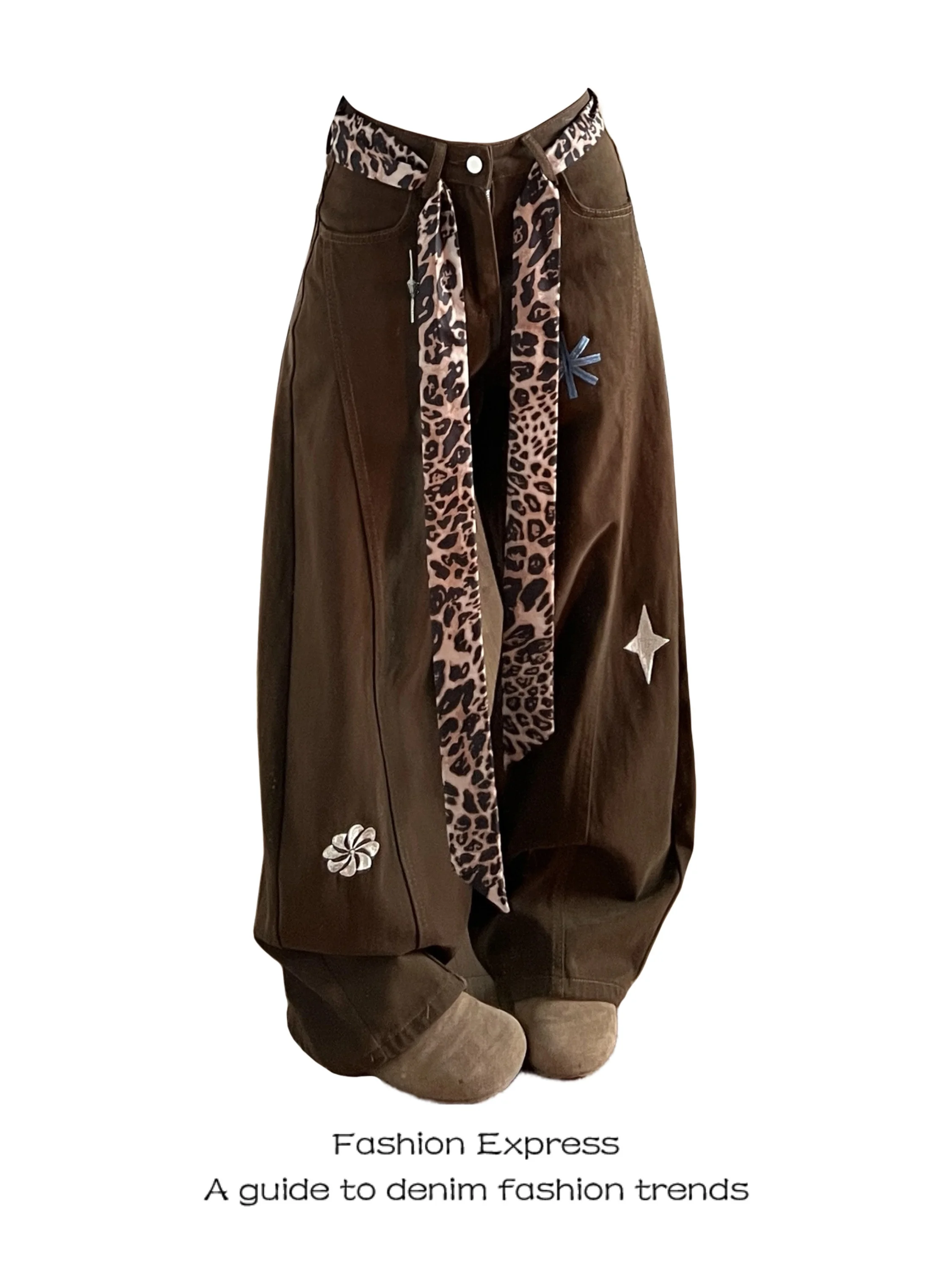 

Retro American Style Women's Jeans Embroidered Leopard Print Waist Belt Patchwork High Street Loose Slimming Wide Leg Floor-L...