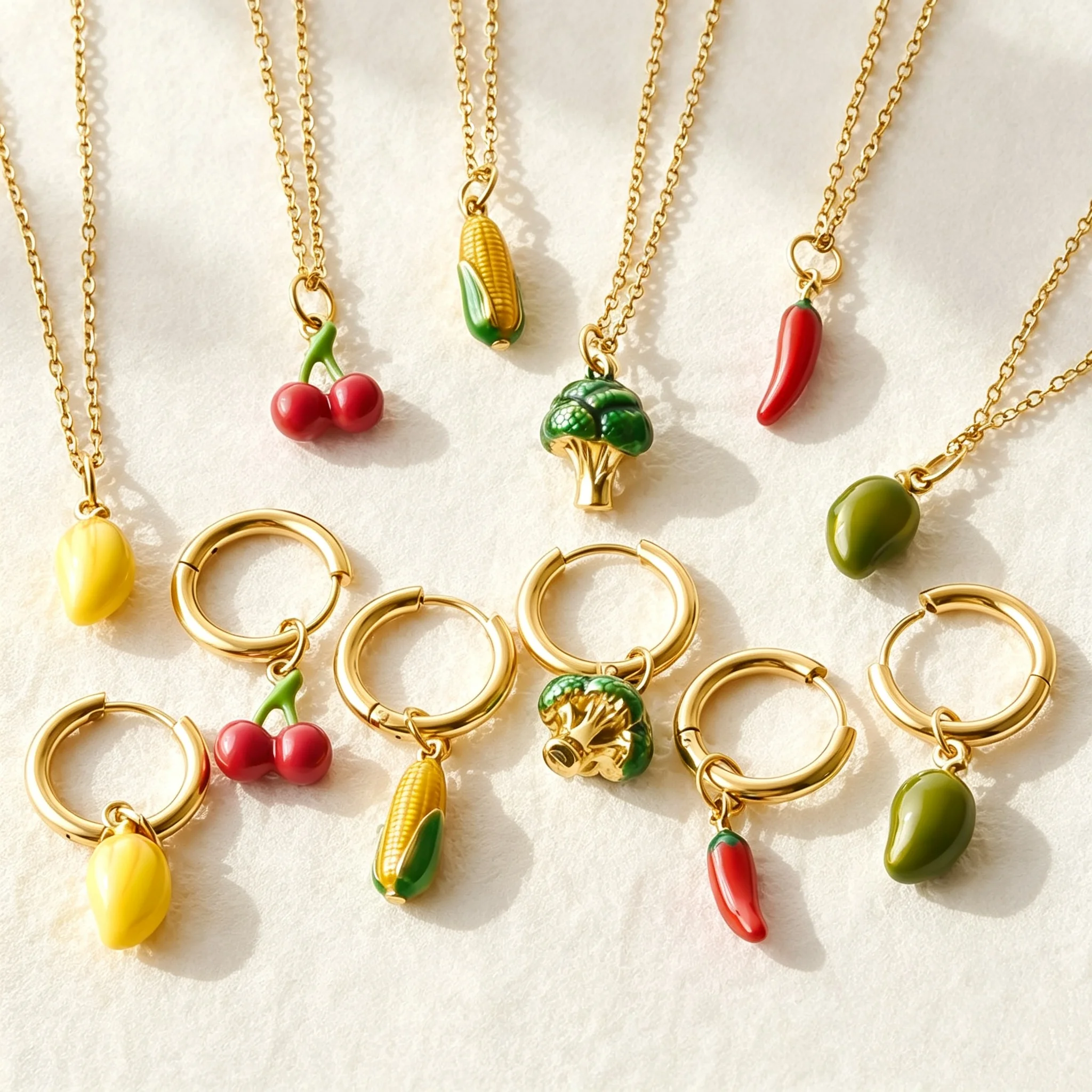 1 Set Cute Enamel Vegetable Fruit Jewelry Set Gold Plated Cherry Corn Broccoli Chili Mango Pendant Necklace Huggie Hoop Earrings