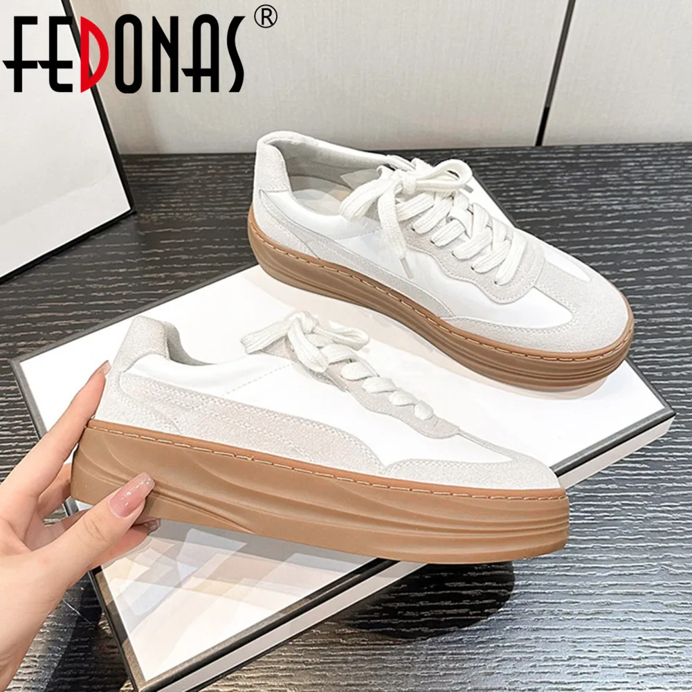 FEDONAS Women Sneakers Splicing Genuine Leather Casual Platforms Flats Spring Autumn Lace-Up Leisure Sport Shoes Female Sneakers