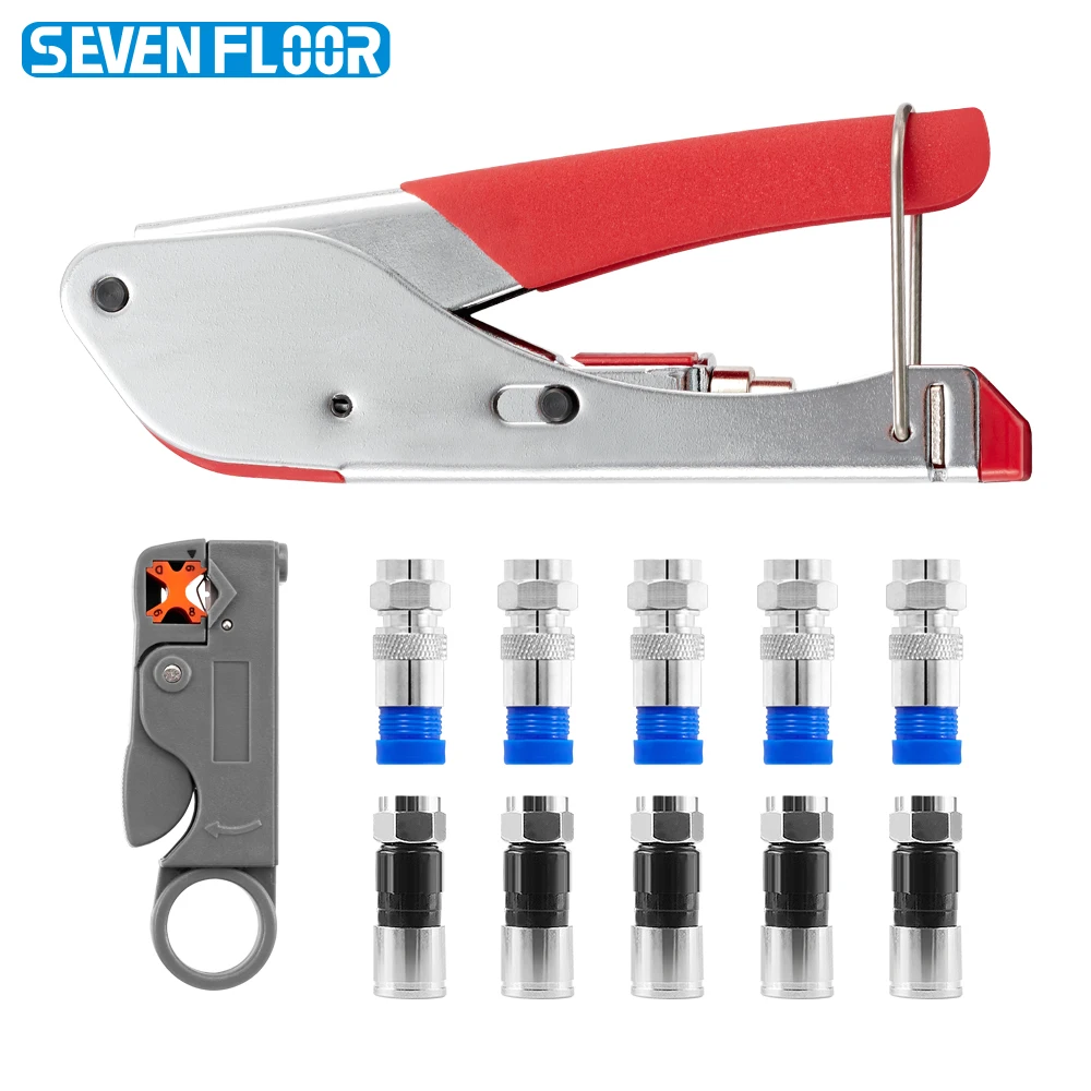 Carbon Steel Coaxial Crimping Tool Kit, RG6 RG59 Crimper & Wire Stripper with 10Pcs RG6 Connectors for CATV Satellite TV