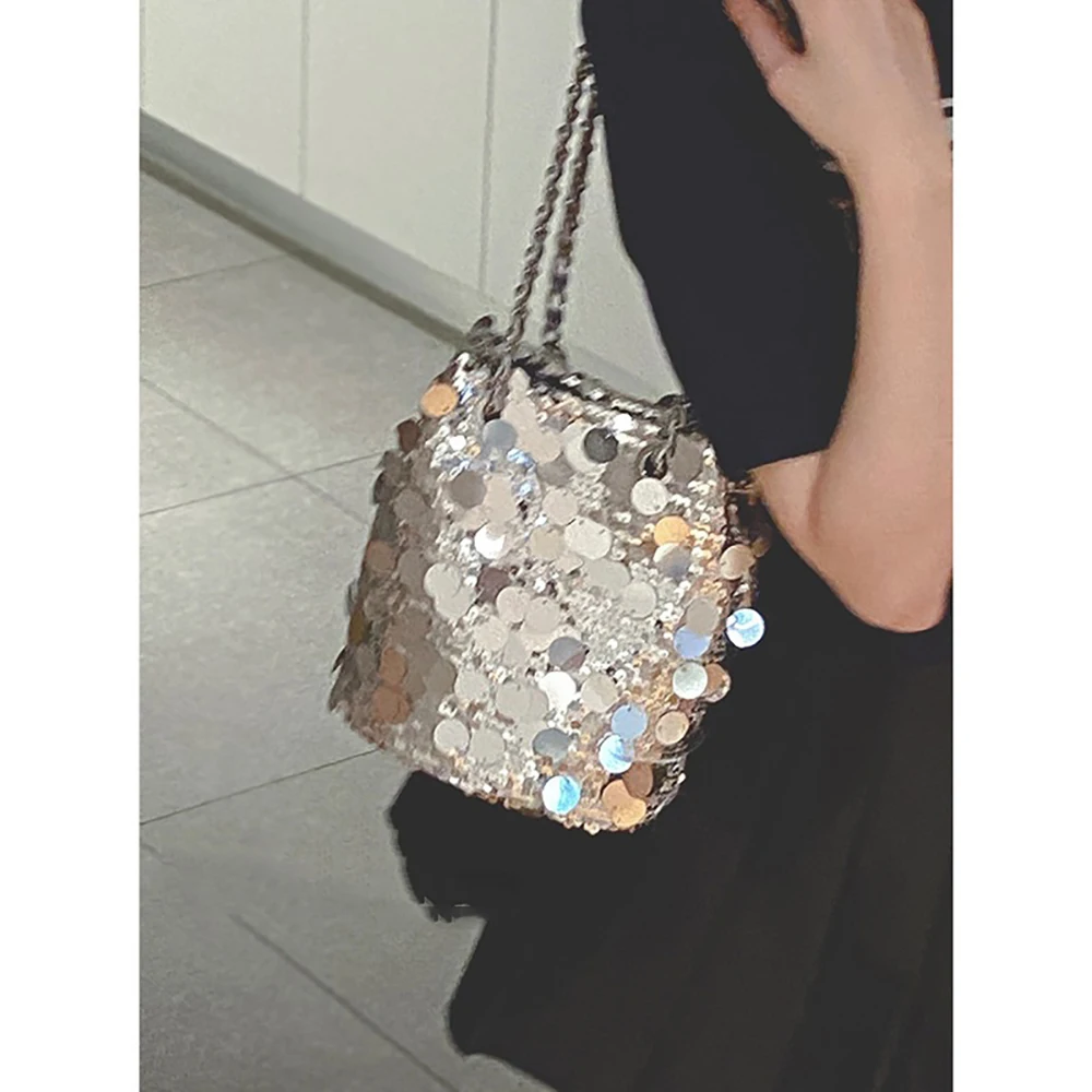 

French Style Shining Sequin One Shoulder Bag For Women Summer 2024 New Fashion Bucket Bag Chain Strap Underarm Bag Crossbody Bag