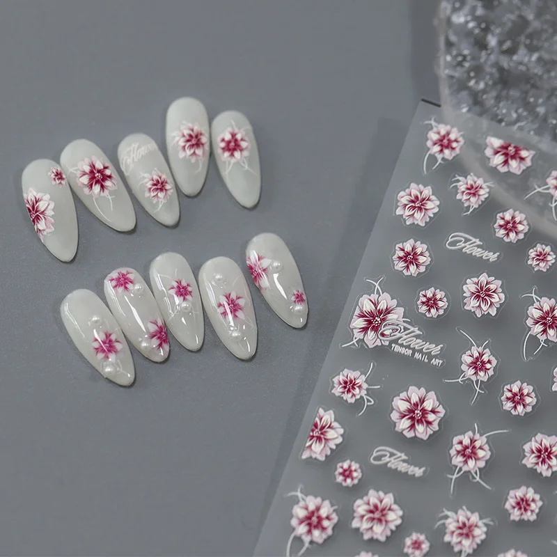 3D/5D Realistic Relief White Red Blossoming Peony Flowering Season Adhesive Nail Art Stickers Decals Manicure Charms Accessories