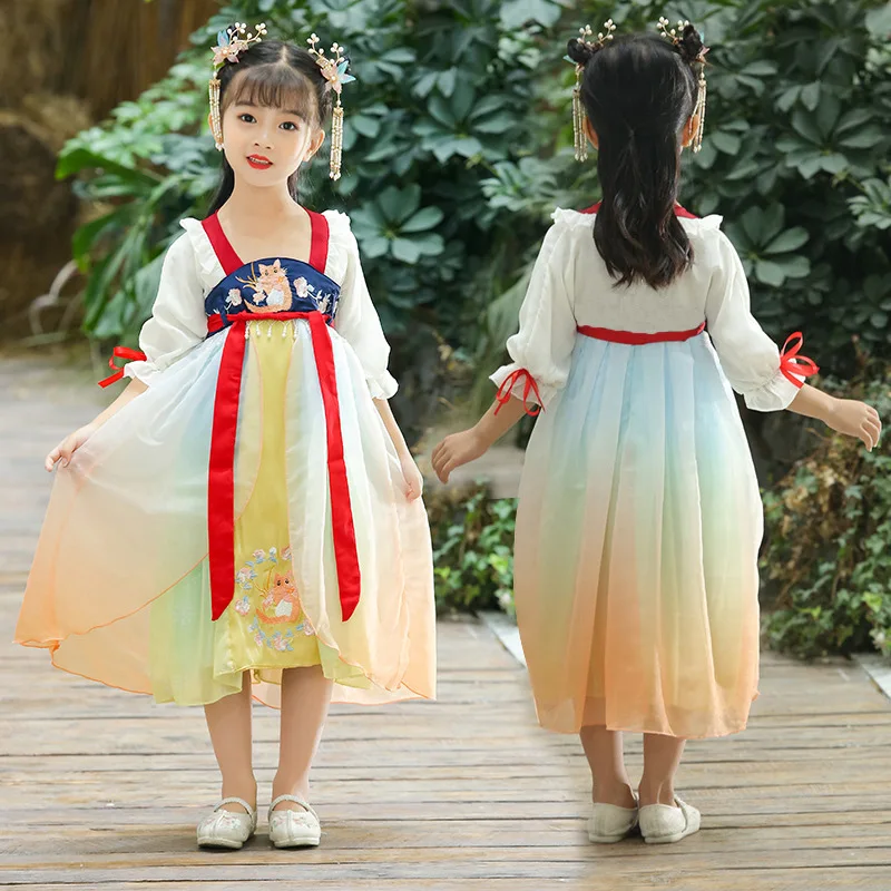 Spring Summer New Children Photography Chinese Lovely Tang Suit Kids Perform Costumes Embroidery Cotton Ancient Hanfu Girls