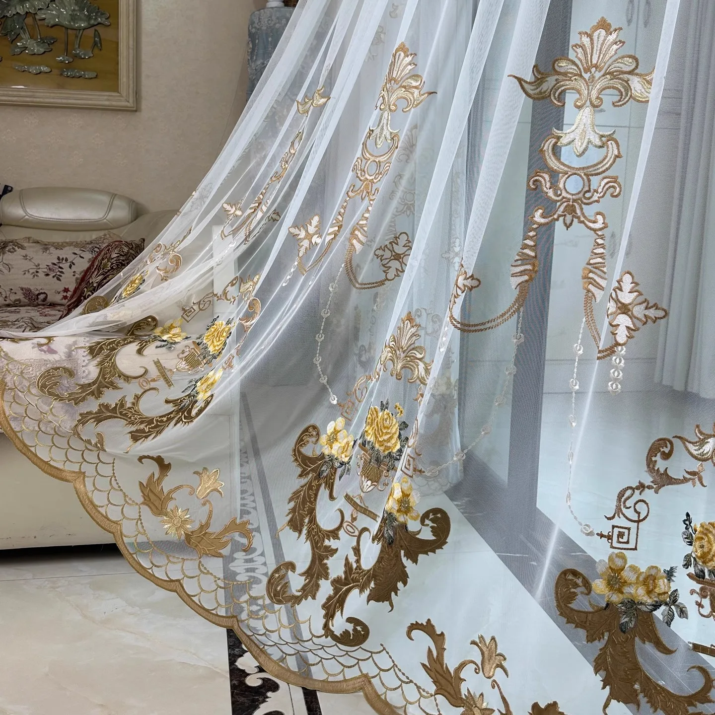 Custom Size European Embroidered Luxury White Tulle Sheer Curtains for Living Dining Room Bedroom Window Decor Lace Fashion