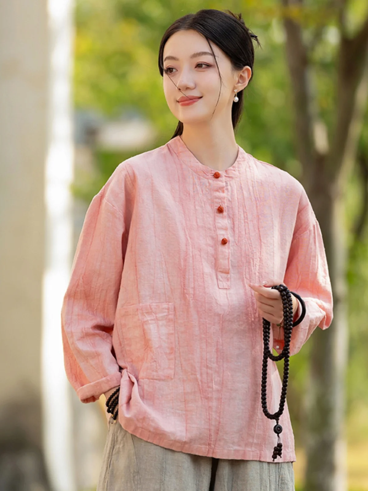 

Spring Summer New Cotton Linen Chinese Style Retro Stand Collar Dyed T Shirt Women's Color Block Button Long Sleeve Shirt