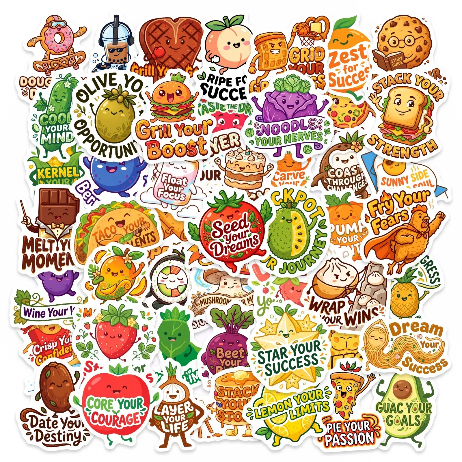 

50PCS Cartoon Food Fun Quotes Stickers Puns Inspirational Handbook Materials Can Decorate Notebook Waterproof Stickers Kids Toy