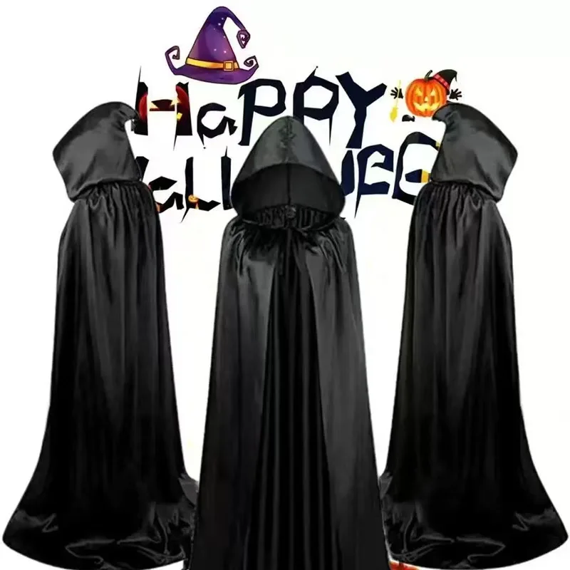 Halloween Cloak Soft Unisex Hooded Black Robe Grim Reaper Witch Cosplay Costume Prop Party Performance Holiday Decoration