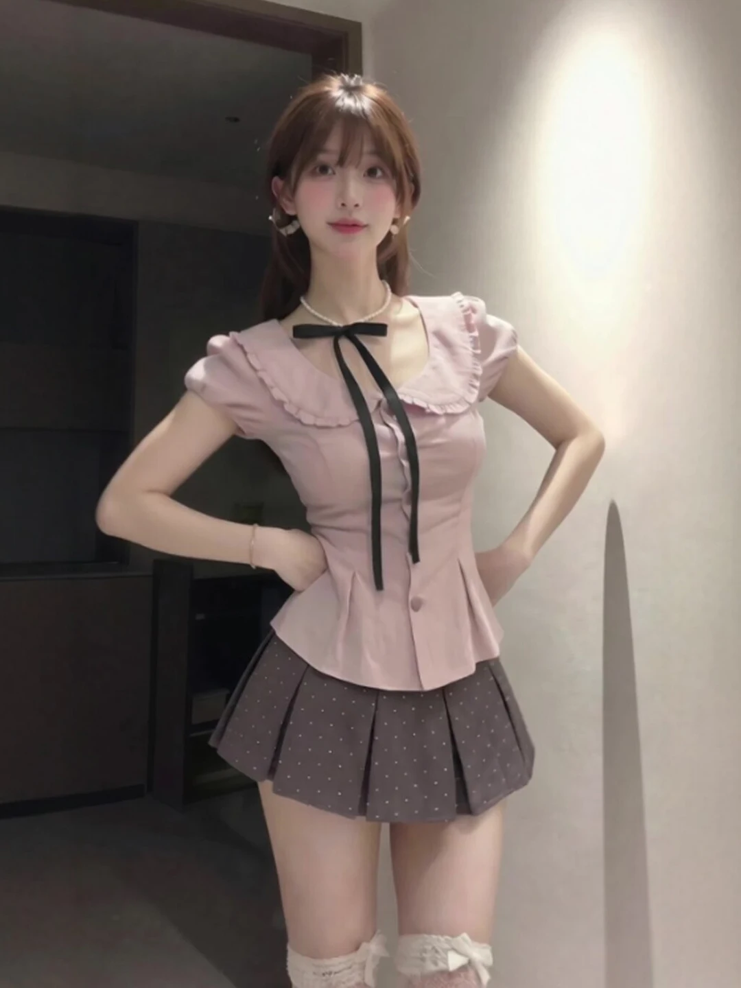

Sweet College Style Shirt And Skirt Set Short Sleeve High Waist Comfortable Cotton Summer Outfit for Young Women 18-25 Years Old