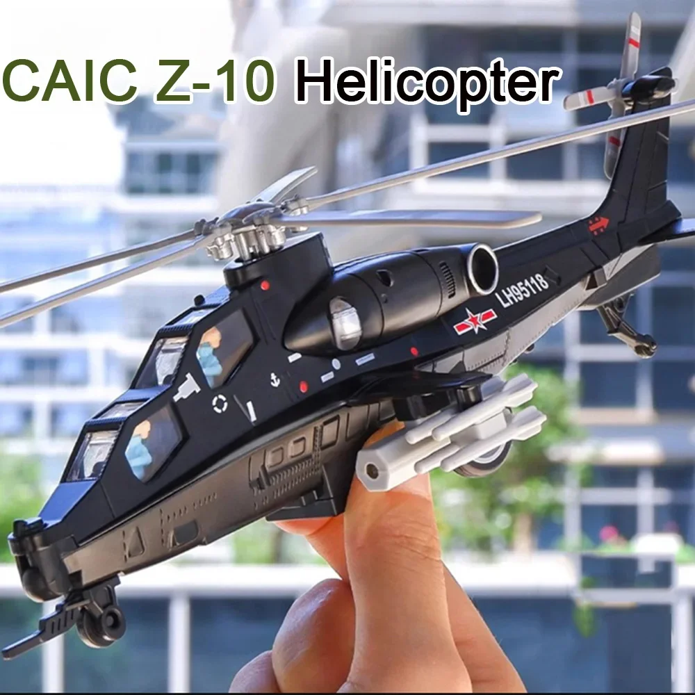 24.5CM Alloy Diecast CAIC Z-10 Helicopter Toy Models with Sound Light Fighter Plane Wheel Pull Back Aircraft for Children Toy