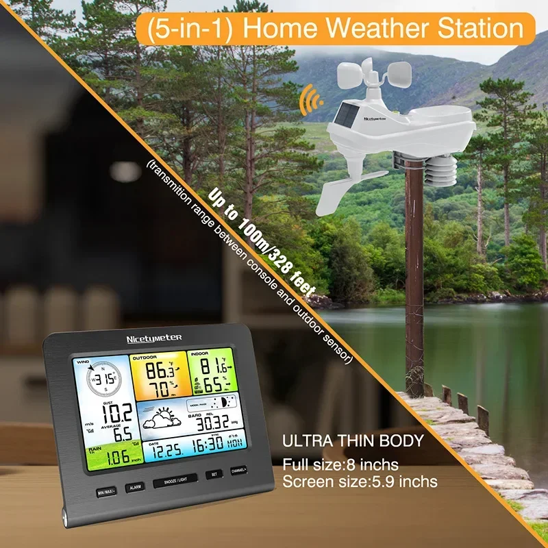 5-in-1 Indoor Outdoor Wireless Weather Station LED Color Console Forecast Temperature Humidity Wind Speed Rain Gauge Alarm Clock