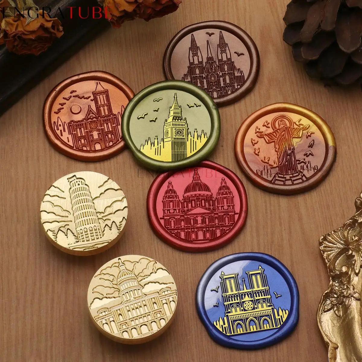 City Building Wax Seaingl Stamp Notre-Dame Merlion Fire Painting Copper Head Envelope DIY Sealing Party Invitation Scrapbooking