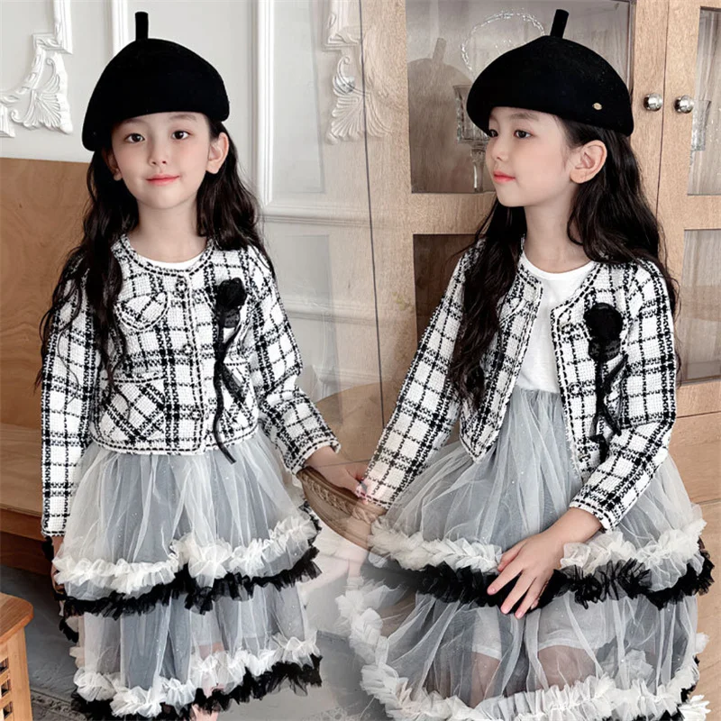 Sweet Outfits Kids Girls Princess 2pcs Clothes Sets Spring Autumn Children Fashion Coat+Skirt Vintage Outfits Suit 2-12 yrs