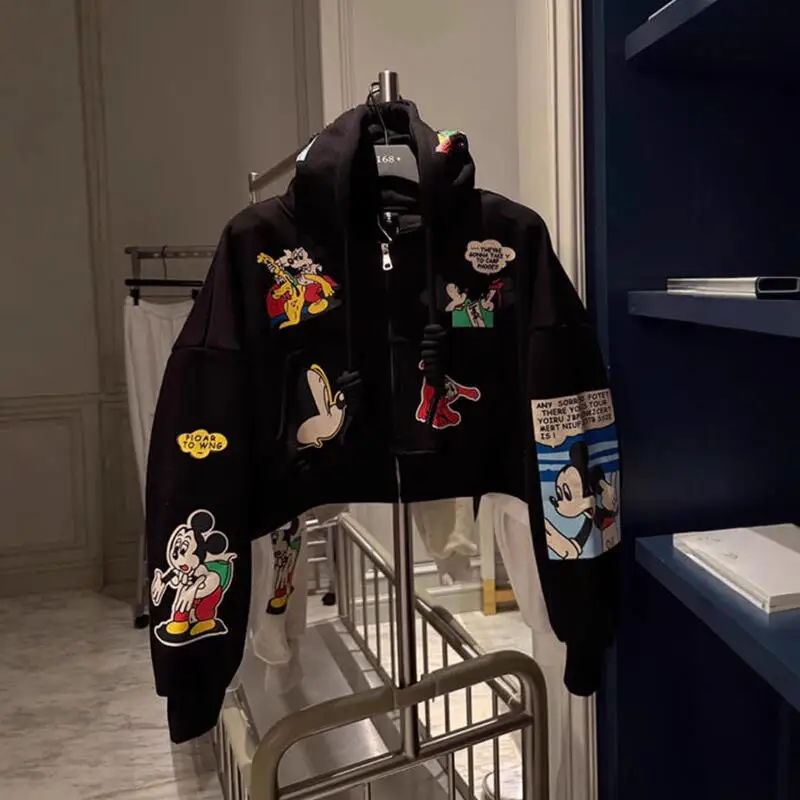 

Женская толстовка на молнии с мультяшным принтом Микки, осень 202, белый укороченный пуловер, повседневная уличная одежда, Y2K, эстетичная мода, удобная