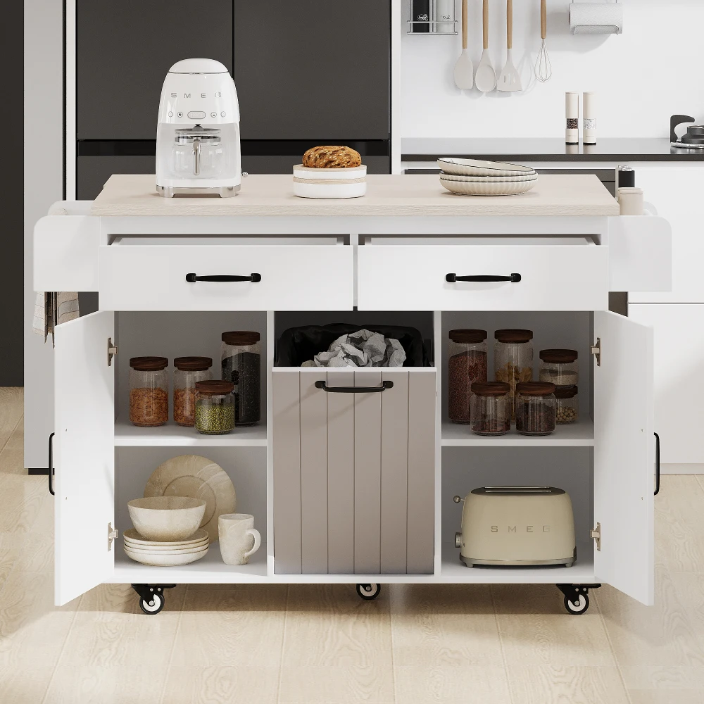 Kitchen Island with Trash Can Storage Cabinet, Kitchen Cart with Drop Leaf, Rolling Kitchen Island Wheels Adjustable Shelf, Grey