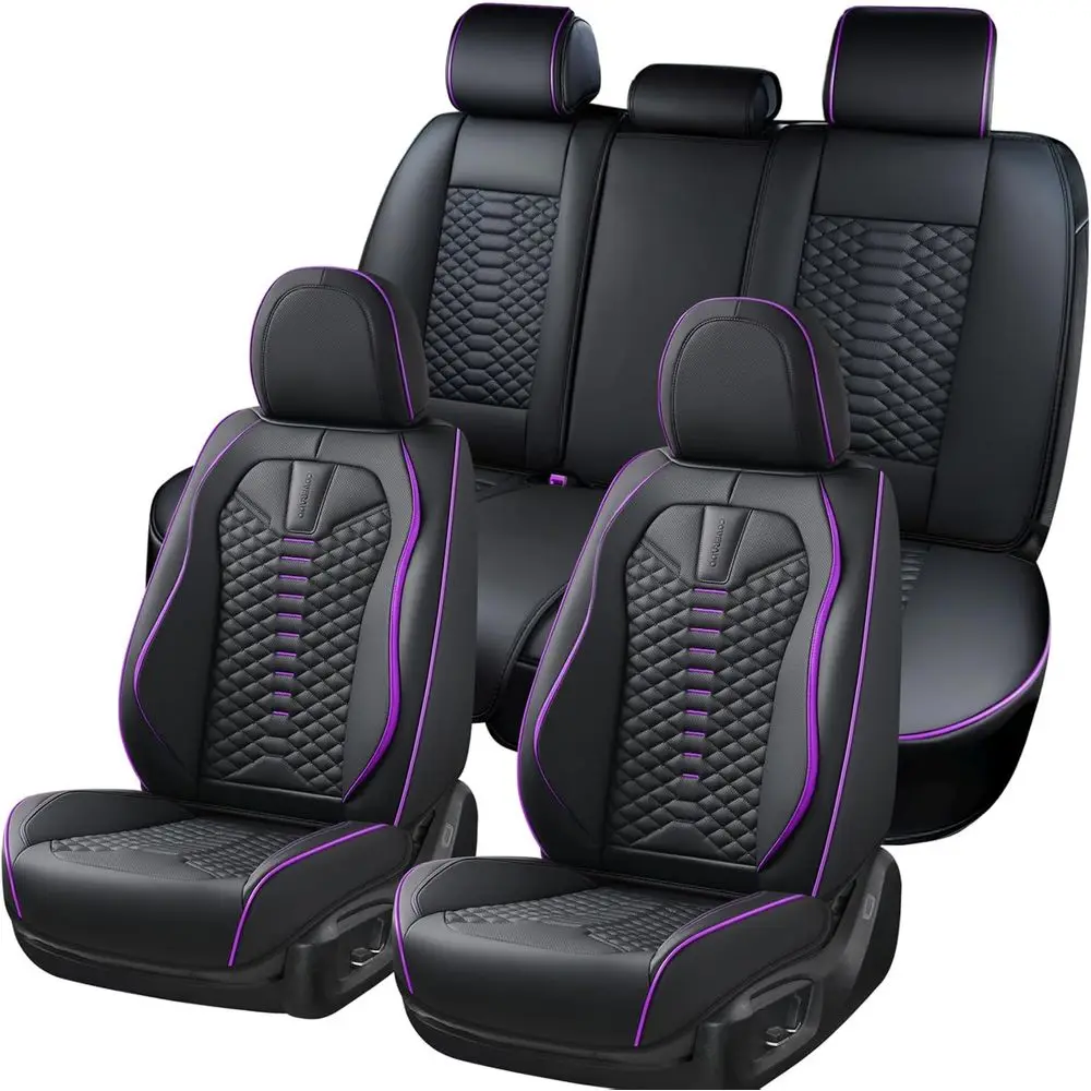 Universal Fit Black & Purple 5-Seat Nappa Leather Car Seat Covers Set with Water-Resistant Protection
