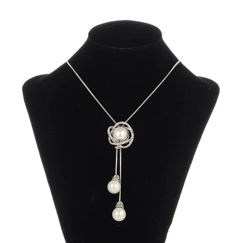 New Rhinestone Circle Long Tassel Necklace For Women Pearl Pendant Silver Color Adjustable Sweater Chain Necklaces Jewelry