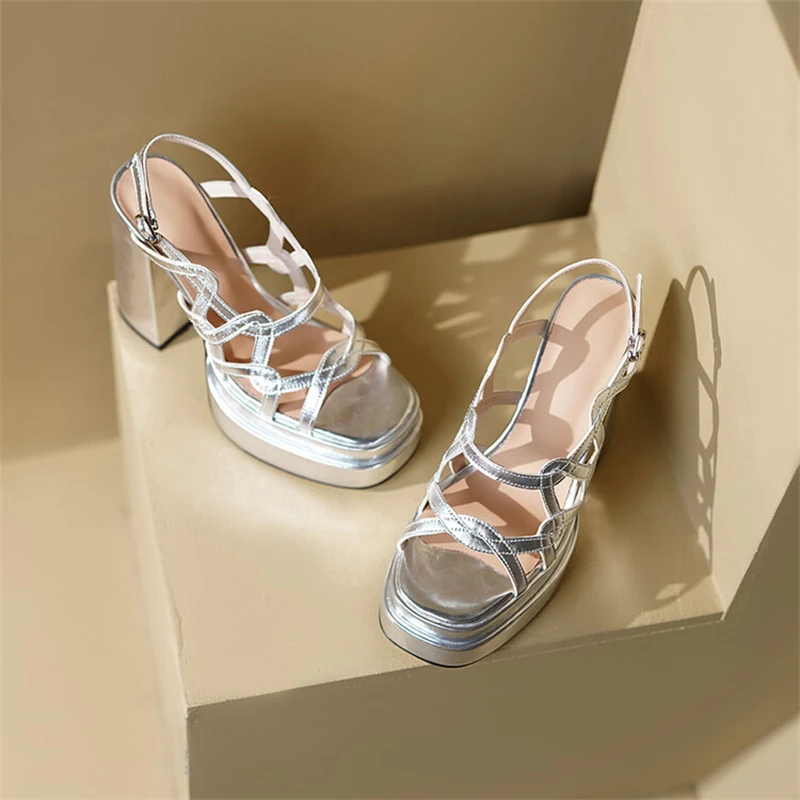 Sexy Women Sandals Gold Silver 2024 Summer Party Wedding Prom Pumps High Heels Genuine Leather Platforms Shoes Woman 12CM