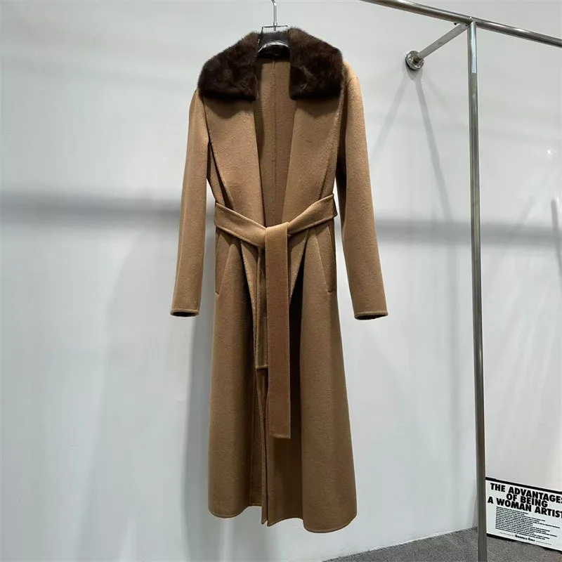 

Long Double-Faced Cashmere Coat For Women With Mink Fur Collar And Tie-Front Wool Blend Jacket