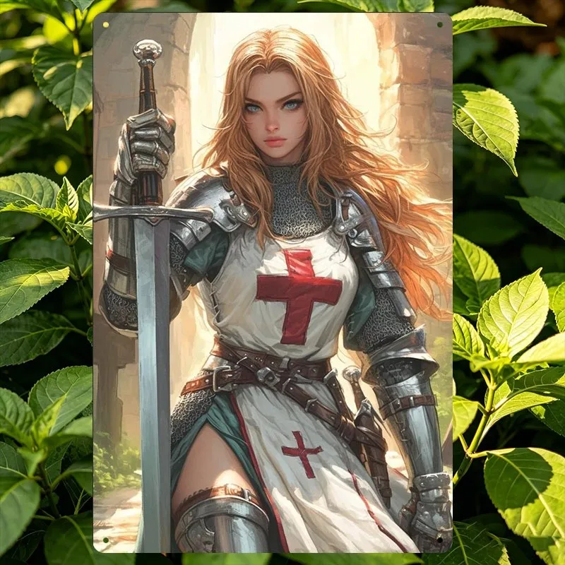 [Open ]2D Flat 1pc Heroic Blonde Female Metal Wall आर्ट - a Dreamy Illustration Decorative Sign, with a Sword And Ancient Sto