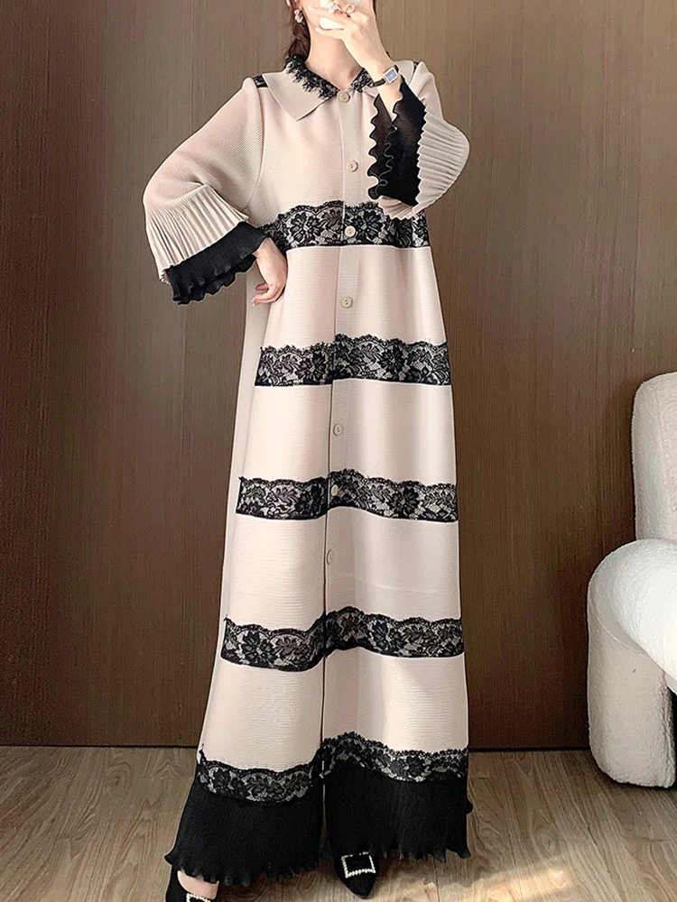 GVUW Pleated Lace Dresses Women Lapel Full Flare Sleeve Single Breasted Vintage Style New 2024 Elegant Lady Long Dress 17G7286