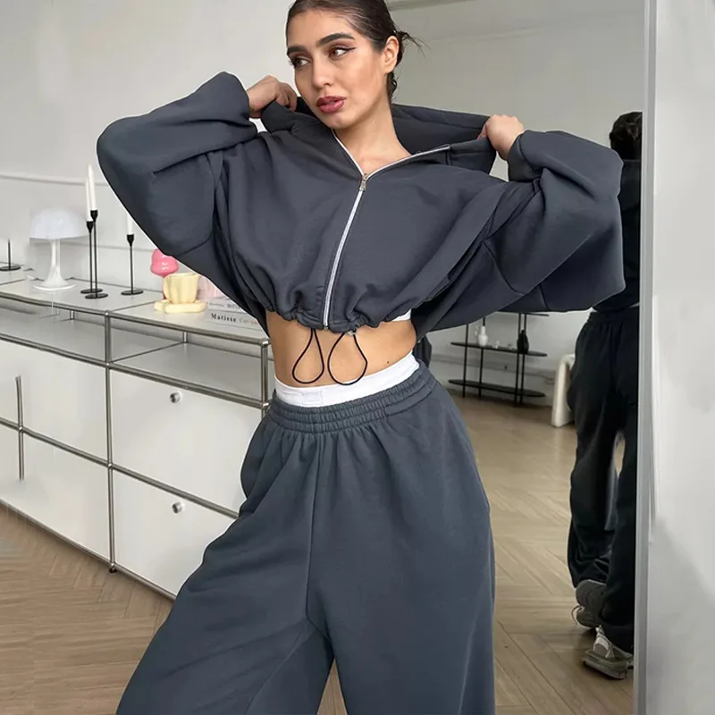 

Новая зимняя однотонная толстовка с капюшоном на молнии и длинными рукавами на шнурке + эластичные спортивные брюки, комплект из 2 предметов для женщин