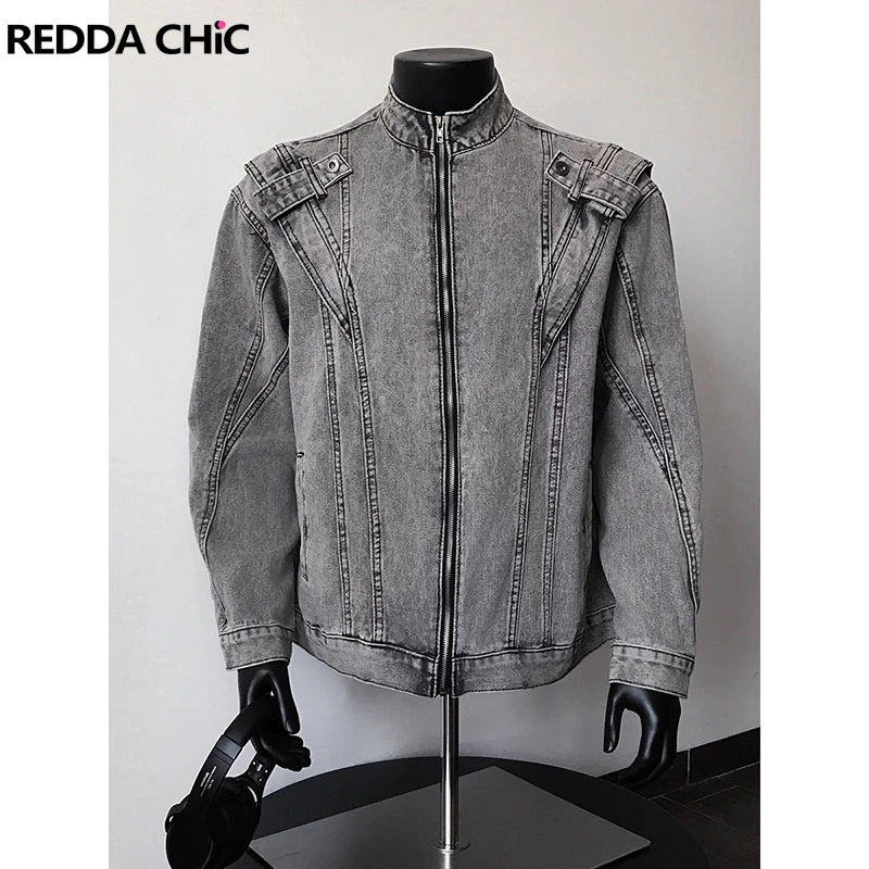 

ReddaChic 2000s Distressed Men's Denim Bomber Jacket Vintage Dirty Washed Long Sleeve Zip-up Jean Jacket Biker Moto Streetwear