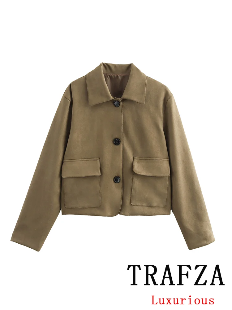 TRAFZA Vintage Casual Chic Women Jackets Turn-down Collar Pockets Single Breasted Loose Coats New Fashion 2024 Autumn Outwears