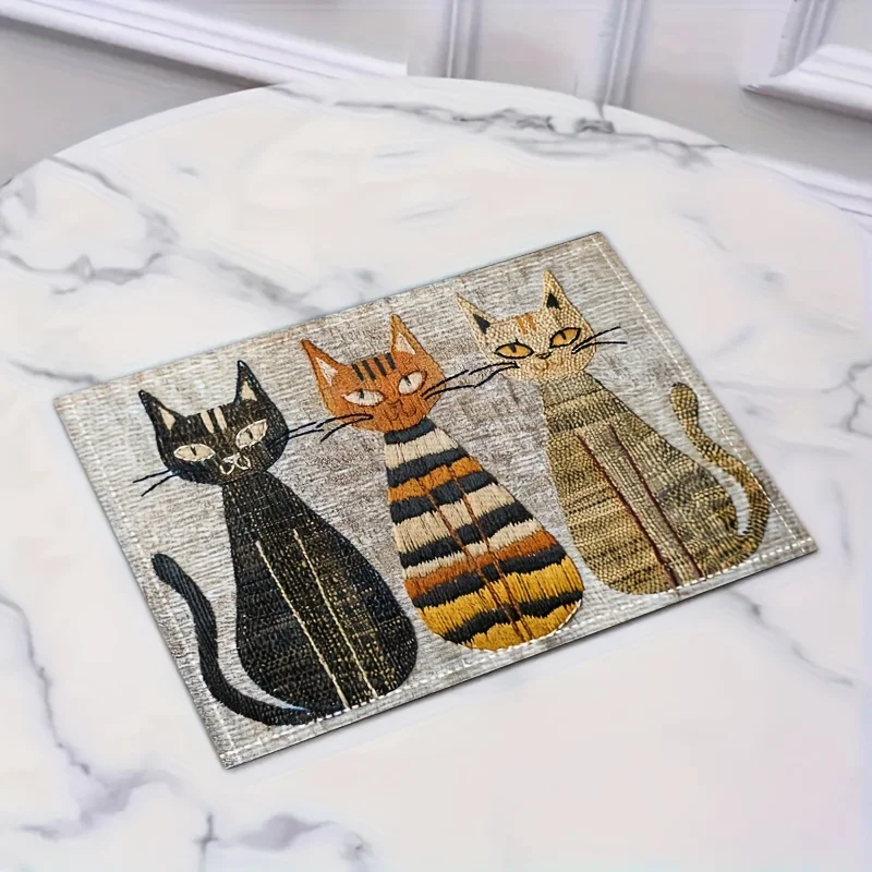 4pcs Linen Placemat, Kitten Pattern Insulated Placemat,Coffee Coaster Decoration, Bowl Mat, Insulated Dinner Plate Mat