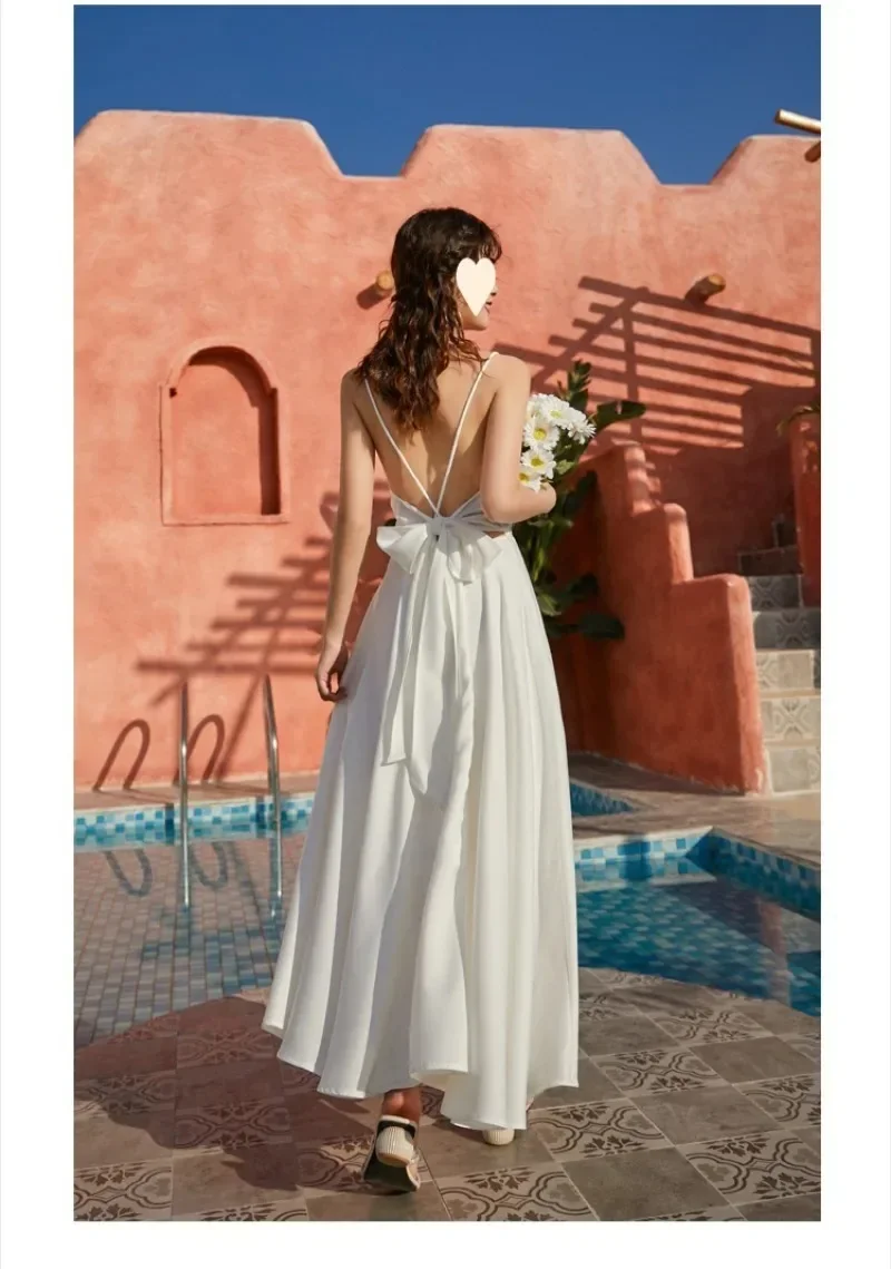 

New 2024 Sundress Dress Backless Halter Top Strapless Sexy Satin Retro Women Spring Summer Pure Dresses Y2k Bow Tie Party Dress