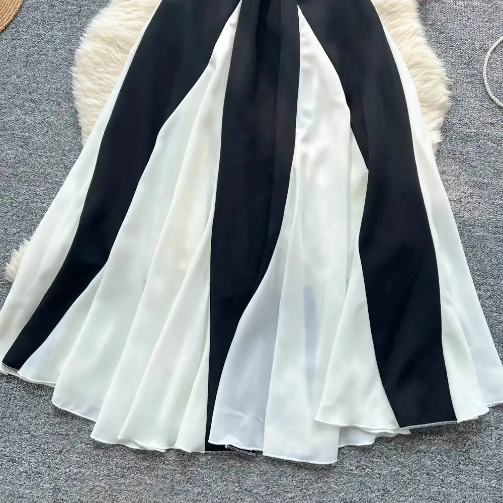 Abito da spiaggia vintage da donna a vita alta nero bianco a contrasto abiti lunghi eleganti da donna abiti lunghi Boho senza schienale slim