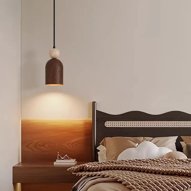 Japanese Retro Yellow Stone Ball Bedroom Bedside Pendant Light Walnut Wood Grain Entryway Bar Counter Hallway Pendant Light.