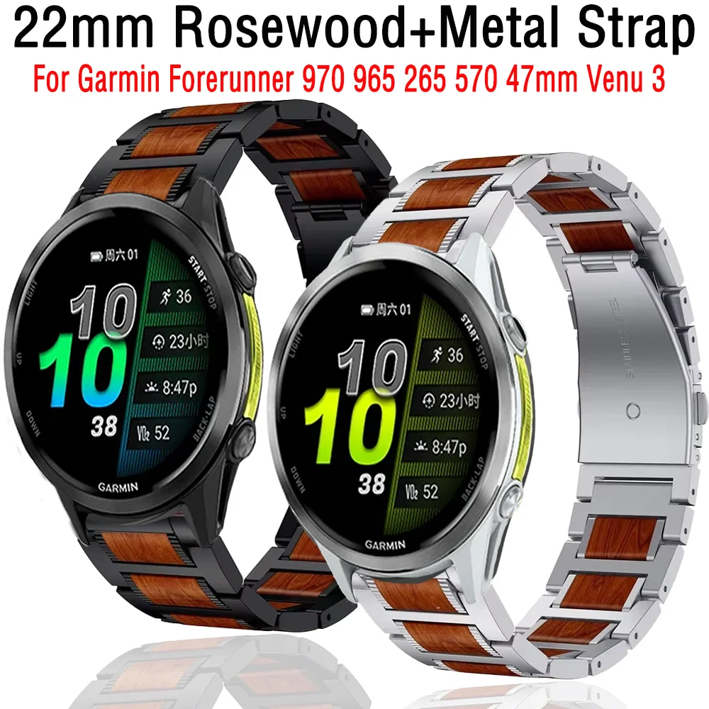 

Ремешок из палисандра + металла 22 мм для Garmin Forerunner 970 965 265 255 570 47 мм 265, музыкальный браслет, браслет Garmin Venu 3 4 45 мм, ремешок