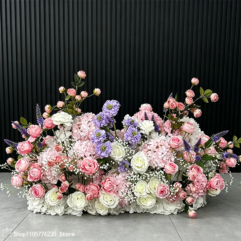 Bunter, gemischter künstlicher Blumen-Hochzeitshintergrund, Rosen-Hortensien-Blumenarrangement, Bühnen-Bodenläufer, Blumen-Partydekoration – Detail 5