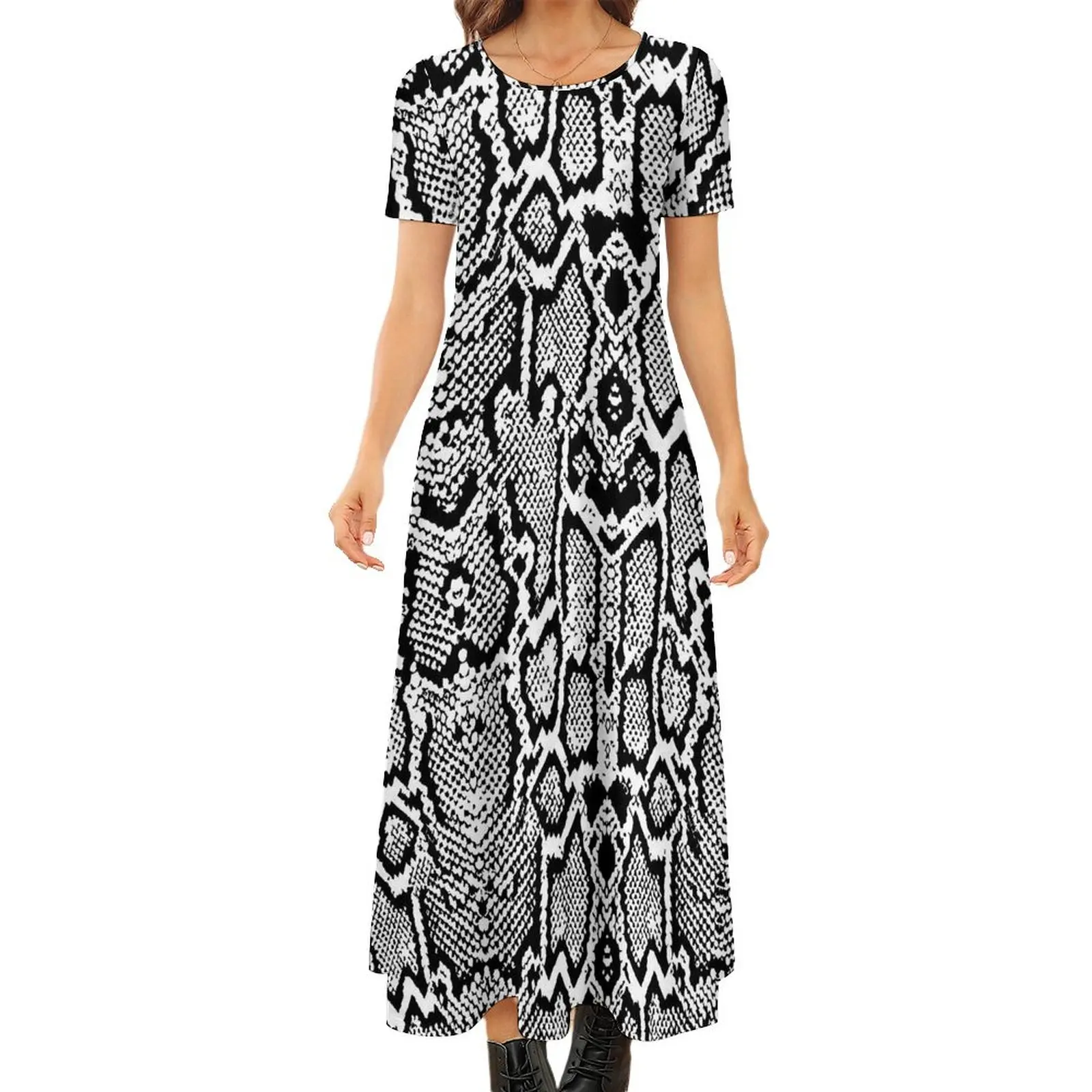 

Gray Snakeskin Dress Animal Print Modern Maxi Dress Women Short Sleeve Street Wear Boho Beach Long Dresses Large Size