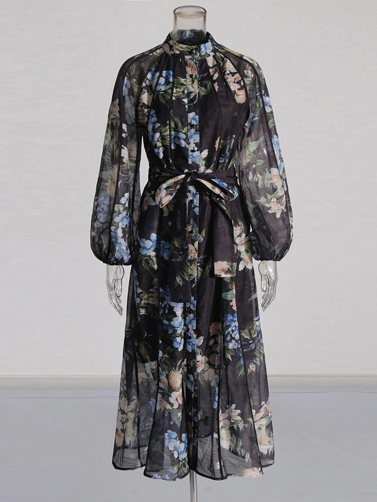 TWOTWINSTYLE Casual Hit Color Printing Dress For Women Stand Collar Lantern Sleeve Tunic Spliced Button Dresses Female KDR509120