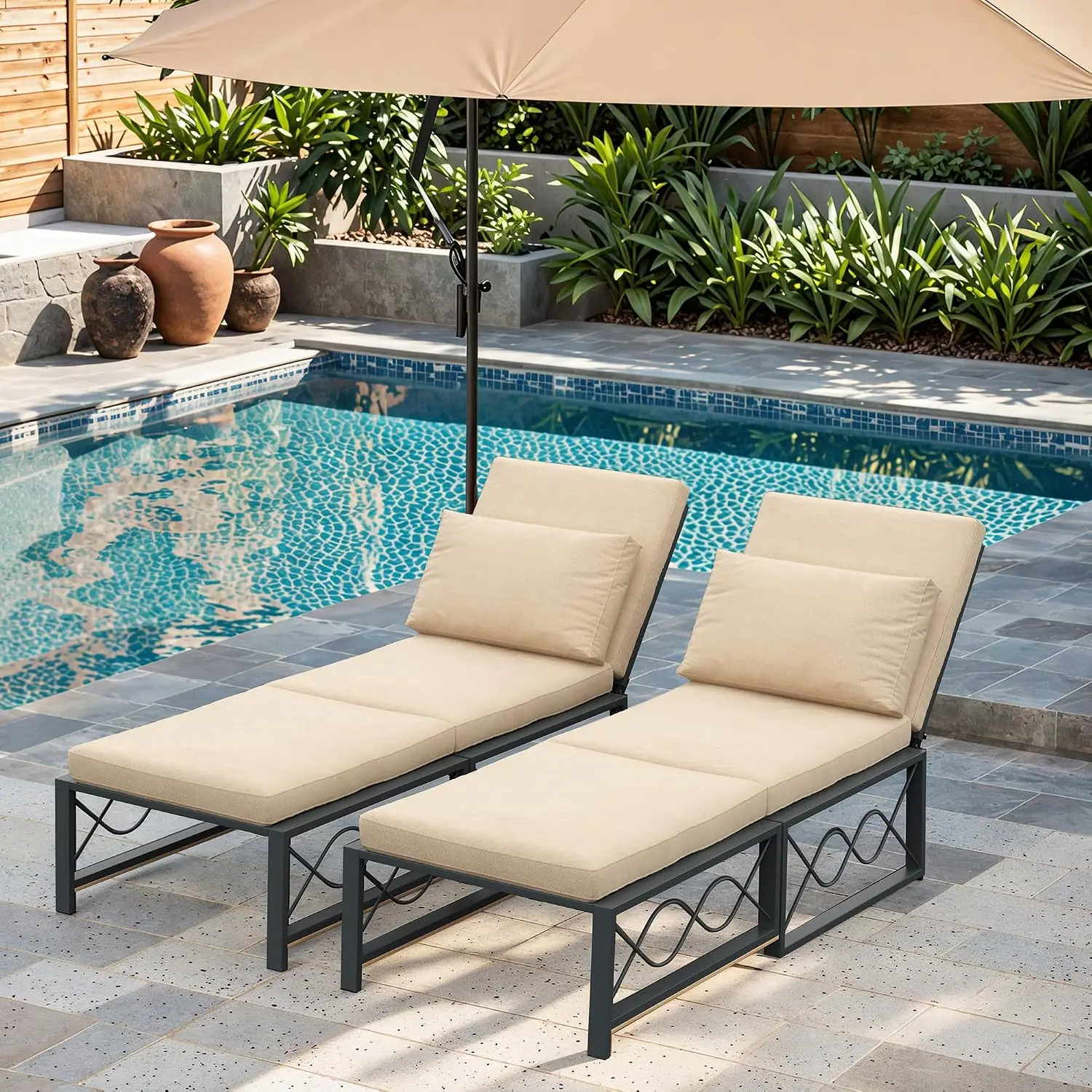 Outdoor Lounge Chair Cushion Patio Adjustable 5-Position Convertible Backrest Rust-Resistant Metal Frame Foam Beige, Customized