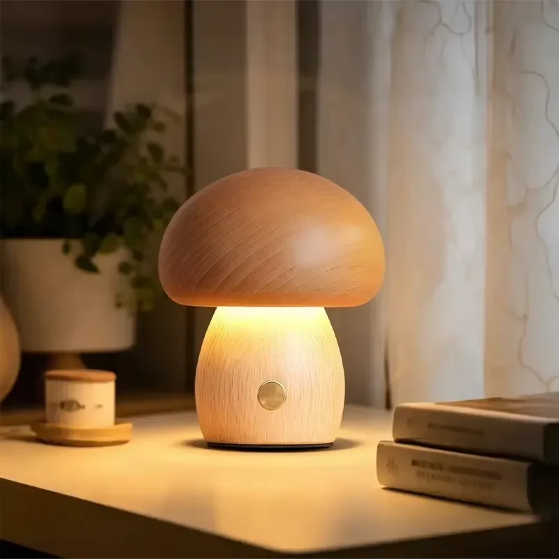 Wooden Mushroom Touch Control LED Night Light Stepless Dimming Desk Lamp Bedside Sleep Aid for Bedroom Home Decoration