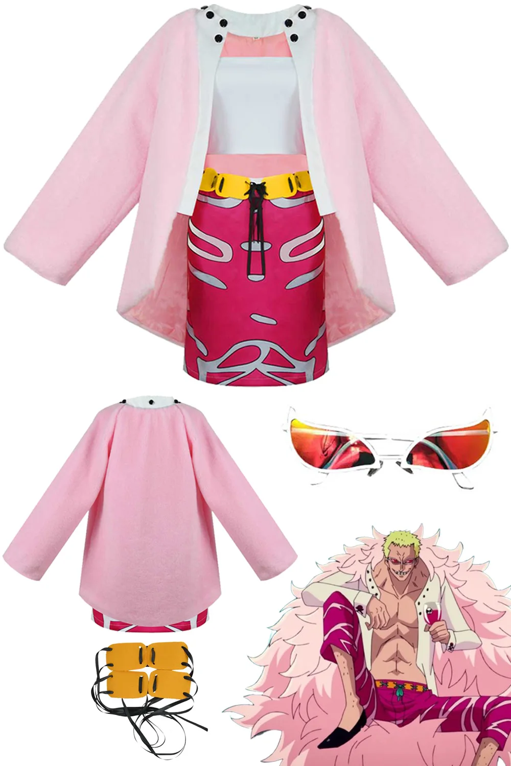 

Donquixote Cosplay Skirts Doflamingo Women Costume Anime Pirate Disguise Coat Belt Glasses Set Female Halloween Carnival Suits