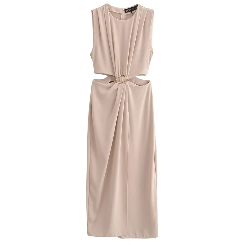 TRAF Women's Dress  Buckles Cut-Out Dresses Elegant Party Dresses Black Green Khaki Dress Midi Sleeveless O-Neck Sexy Vestidos