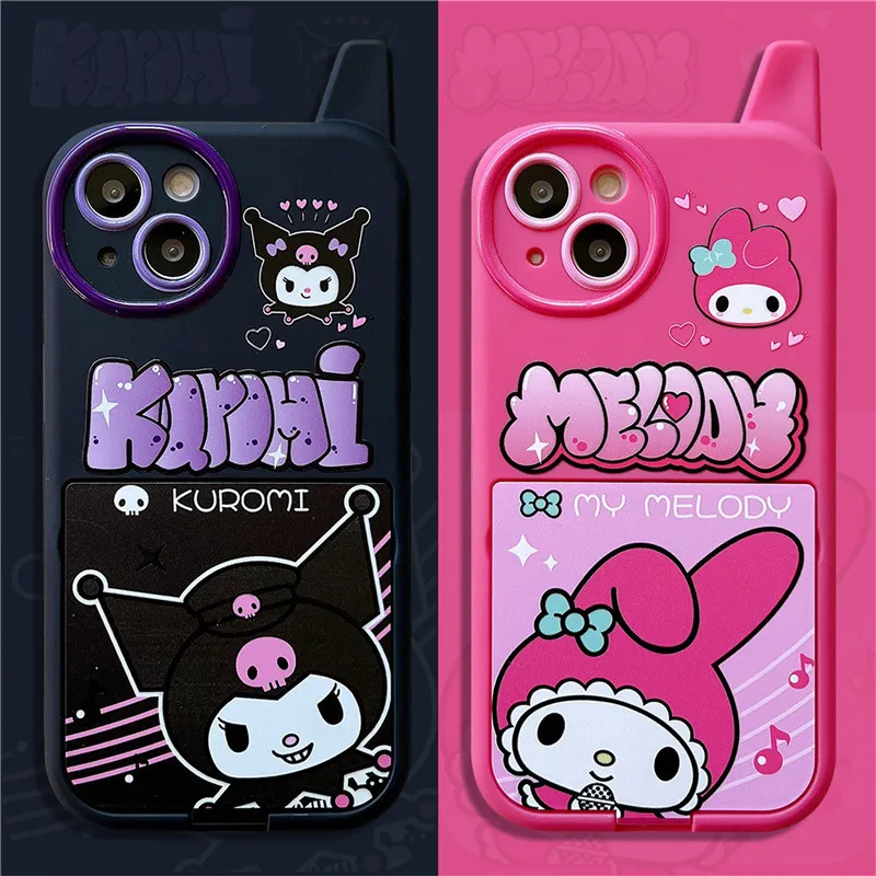 Cartoon Hello Kitty New Style Pink Retro Phone Shape Cases for iPhone 15 14 Plus 13 12 11 Pro Max Invisible Mirror Stand Cover