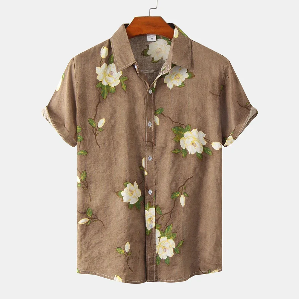 

Summer Men's Casual Vintage Printed Short Sleeve Loose Beach Shirts Tops Man Single Breasted Shirt And Blouse