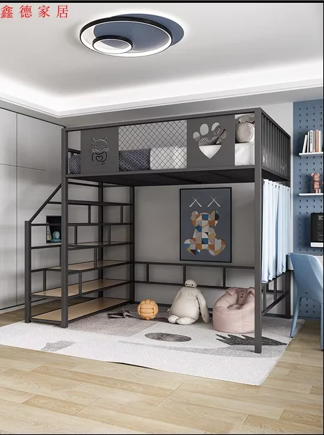 Iron ladder cabinet, elevated bed, modern apartment bed, under table, energy-saving space, attic, duplex iron frame bed