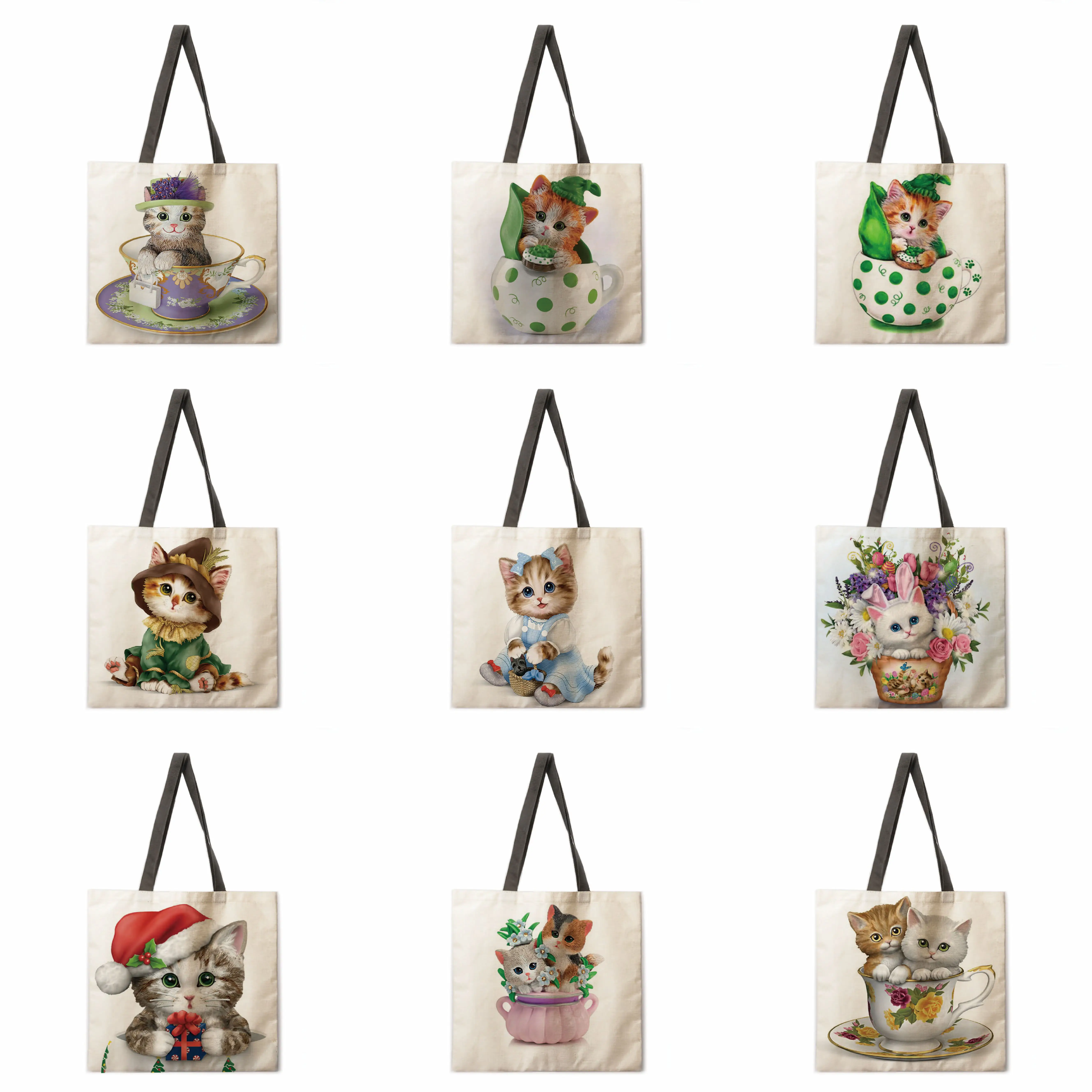

Tea cup cat printed linen bag handbag shoulder bag large capacity environmentally friendly shopping bag women's handbag