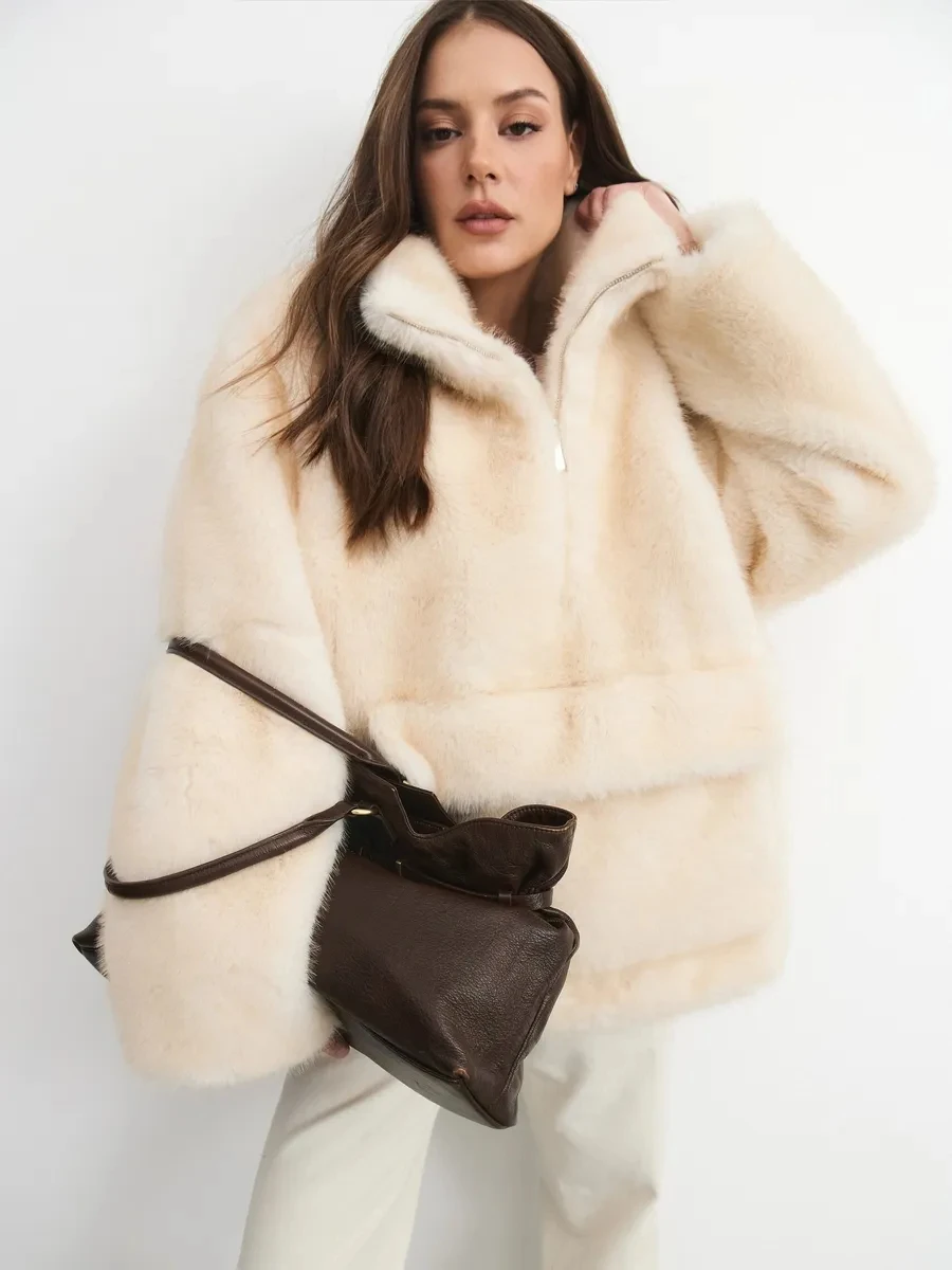 Women Winter Faux Fur Coat 2026 Warm Cream Jacket Stand Collar Fluffy Plush Overcoat Elegant Luxury Outerwear