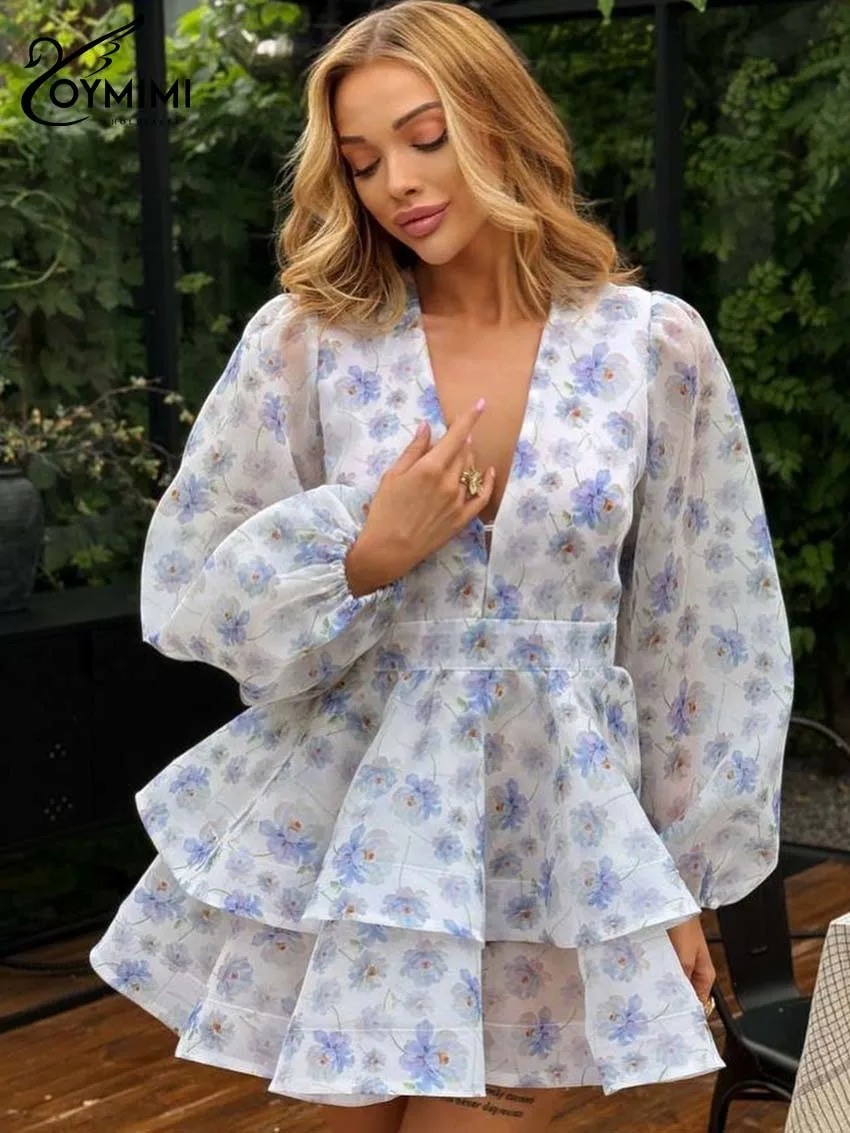 

Oymimi Fashion Blue Print Women's Dress Elegant Deep V-Neck Long Sleeve Button Dresses Autumn High Waist Pleated Mini Dresses