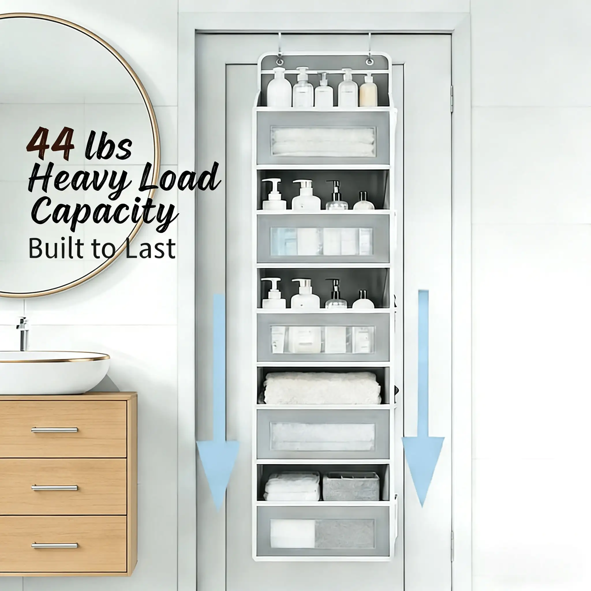 5-Tier Hanging Storage Organizer with 10 Side Pockets, Over Door Pantry Rack with 44 Lbs Capacity, Anti-Tilt Design for Bedroom, Bathroom, Dorm, White
